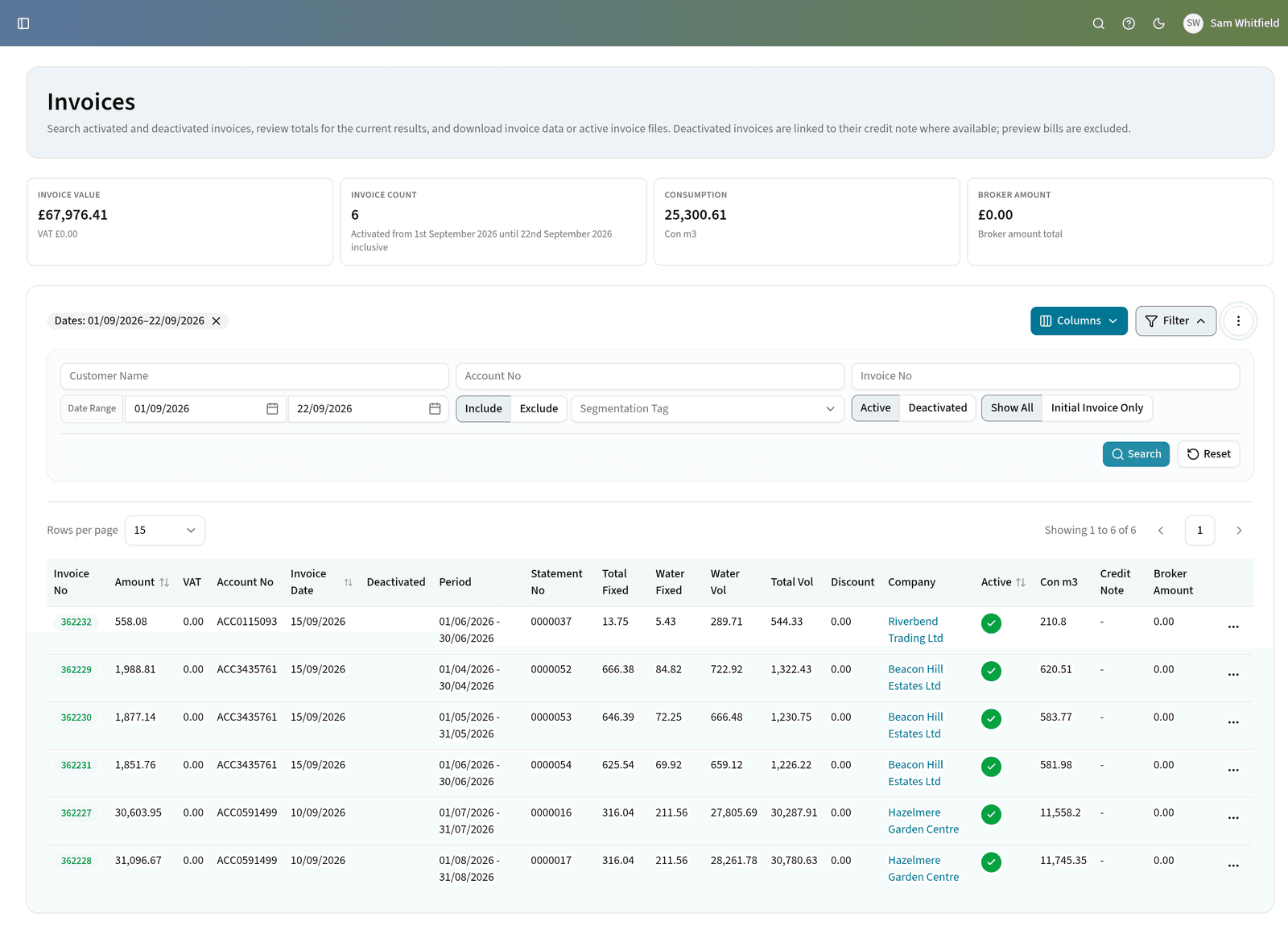 The Edge invoices screen, with invoice value, count and consumption totals above a searchable invoice table